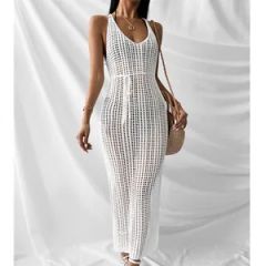2022 Solid Pointelle Split Backless Drawstring Waist Knitted Beach Dress - Hangzhou Sunra Fashion Co., Ltd.
