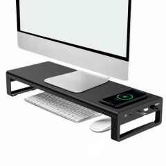 Multifunctional Adjustable Monitor Riser Stand with 15W Wireless Charging, USB Hub, Drawer Organizer – Metal Desktop Stand for Office Use - Image 1