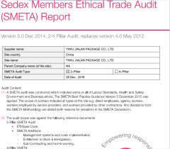 Sedex audit certificate from Yiwu Jialan Package Co., Ltd.