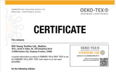 OEKO TEX 100 certificate from Will Young Textiles Ltd., Huzhou