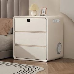 Cream Smart Nightstand Multi-Functional Fingerprint Storage Beside Table - Image 1