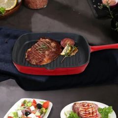 Non-Stick Red Color Frypan Hot Sell Square Cast Iron Griddle for Beef Steak - Image 6