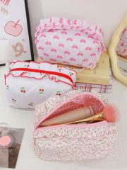 Floral Handle Quilted Cotton Cosmetic Bag Ruffle Makeup Pouch - Image 2