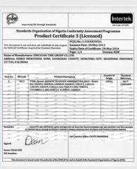 SONCAP certificate of Qingdao Vistar Tire Co., Ltd. – certificate photo, supplier certificates section