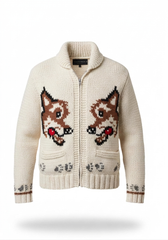 Off-White Full-Zip Shawl Collar Cardigan with Intarsia Knit +Men's Black Ribbed Quarter-Zip Pullover Sweater - Image 1