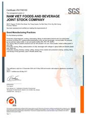 GMP certificate from NAM VIET FOODS AND BEVERAGE JOINT STOCK COMPANY