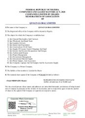 Memorandum of Association  certificate of QUOAT GLOBAL LIMITED  – certificate photo, supplier certificates section