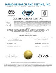 CUPC CERTIFICATE for NORTH AMERICAN certificate of JIANGMEN LIVING STONES HOUSEHOLD CO., LTD. – certificate photo, supplier certificates section