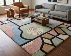 Modern Abstract Geometric Hand Tufted Wool Rug,Pastel Contemporary Area Rug, Minimalist Living Room Carpet,Custom Rug | Fareha Craft Gallery – product photo 1, product detail gallery
