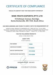 Certificate of Compliance certificate from NINE FRUITS EXPORTS (PTY) LTD