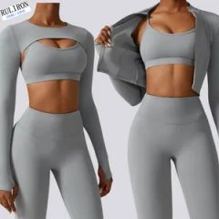 Custom Logo Women Sports Bra Long Sleeve Crop Tops Zip-up Yoga Jackets High Elastic Waist Workout Leggings Gym Fitness 4PCS Sets - Xiamen Ruliron Trading Co., Ltd.