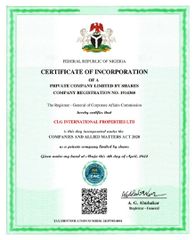 CAC Registration  certificate of CLG LTD – certificate photo, supplier certificates section