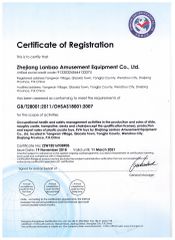 OHSAS18001 certificate from Wenzhou Linxi Amusement Equipment Co., Ltd.