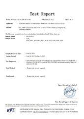 Test report certificate from Ningbo Middle Time Electronics Technology Co., Ltd.