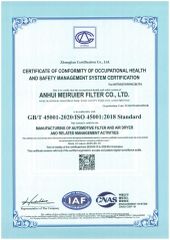 ISO 45001:2018 Certification certificate from Anhui Meiruier Filter Co., Ltd.