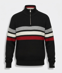 Off-White Full-Zip Shawl Collar Cardigan with Intarsia Knit +Men's Black Ribbed Quarter-Zip Pullover Sweater - Image 2