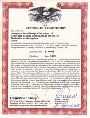 FDA Certified certificate from Guangzhou Boss Biological Technique Ltd.