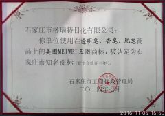 Registration of MEIWEI brand certificate from Shijiazhuang Gruite Daily Chemical Co., Ltd.