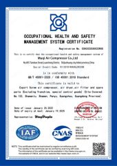 ISO 45001 certificate from Muqi Air Compressor Co., Ltd.