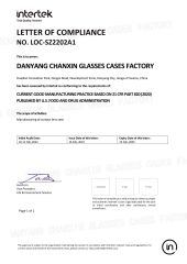 GMP quality certification system certificate from Danyang Chanxin Glasses Cases Factory.