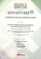 Indonesia Livestock 2018 certificate from Liyang Weikeer Feed Machinery Manufacturing Co., Ltd.