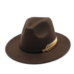 Cutsom Logo Woolen Felt Hat Panama Jazz Fedoras Hats with Metal Leaf Flat Brim Formal Party and Stage Top Hat for Women Men - Image 4