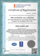 OHSAS18001-2007 certificate from TDS ACOUSTIC CO., LIMITED