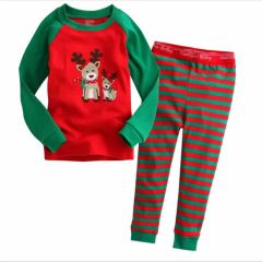 New Long Sleeve Christmas Reindeer Striped Kids Holiday Sleepwear Christmas Pajamas Set - Image 2