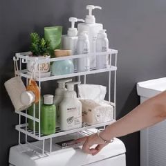 2 Tier Rack Storage Display Stand Shelves Over The Bathroom Adhesive Shower Storage Holders Racks Black with Hooks - Image 6