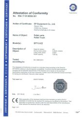 CE Certificate of Pallet Truck EPT-12EZ certificate of ZHEJIANG EP EQUIPMENT IMP. & EXP. CO., LTD. – certificate photo, supplier certificates section