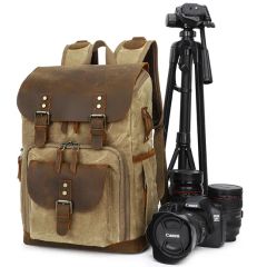 Waterproof Waxed Canvas and Genuine Leather DSLR Camera/Video Bags Camera Backpack - Image 1