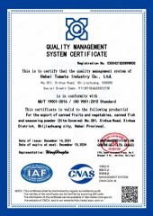 ISO certificate of Hebei Tomato Industry Co., Ltd. – certificate photo, supplier certificates section