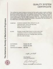 Certificate certificate from Shanghai Changjin Metal Product Co., Ltd.