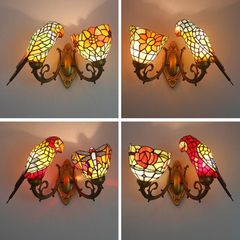 Tiffany double wall lamps pair sconce stained glass bird dragonfly flower decor - Image 2