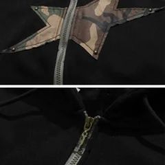 High Quality Warm Fleece Star Patchwork Irregular Zip Hoody - Image 5