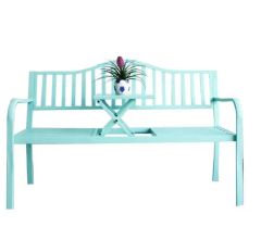 59in Modern Steel Outdoor Garden Metal Benches with Center Table for Park Yard Patio Slatted Seat - Image 6