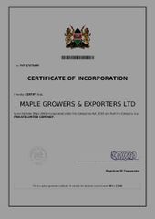 Certificate of incorporation certificate from Maple Grower's & Exporters Ltd