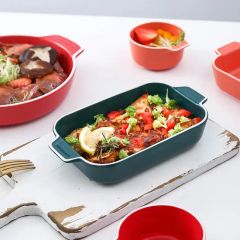 Rectangular Bakeware Set Porcelain Baking Dishes Ceramic Bakeware Plates Baking Round Bowl for Kitchen Custom Green Color - Image 2