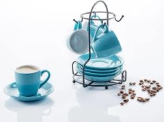 Blue White Ceramic Espresso Coffee Tea Cups & Saucers Set W/ Storing Rack - Image 4