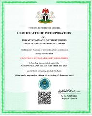 RC CERTIFICATE certificate from Cecatrova Integrated Services Limited