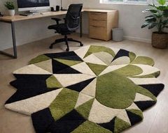 Modern Hand Tufted Abstract Floral Area Rug, Green Black Cream Geometric Cut Pile Rug, Irregular Shape Living Room Bedroom Home Decor – product photo 1, product detail gallery