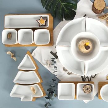 Porcelain Ceramic Dessert Dish Snack Bowl Plate Serving Seasoning Sauce Plate with Wooden Tray - Changsha Happy Go Products Developing Co., Ltd. - China