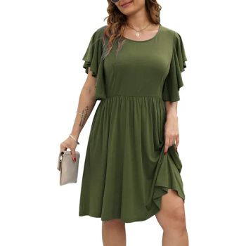 Solid Ruffle Sleeve Short Summer Dress Ladies Women Plus Size Casual Dresses with Pockets - Free Market Co., Ltd - China