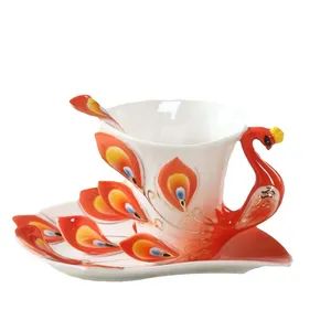 Creative 3D Hand Crafted Porcelain Enamel Peacock Coffee Cup Set with Saucer and Spoon Present Ceramic Tea Water Cup Dish Giftcreativ - Hunan Lizhiyuan Trading Co., Ltd. - China