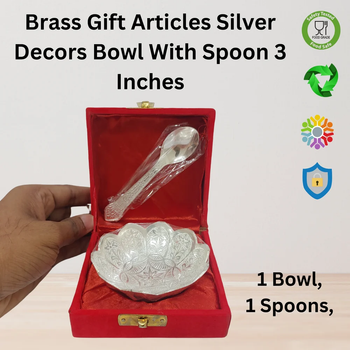 Brass Gift Items Silver Decor Bowl With Spoon 3 inch Bowl Grams 100 Shape Round Weight 100 G Purity Brass Finish Silver Cold Proof - Gtraders - India