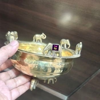 Polished Yellow Traditional Decorative Brass Handwork Ganesha Design Urli Bowl - Zee Metal Collection - India