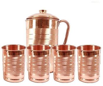 Capacity: 1000 ml Copper Jug Set Size Large Design Plain Finish Polished Material Copper Capacity 1000 ml Microwave Safe - Surya Handicrafts, India - India