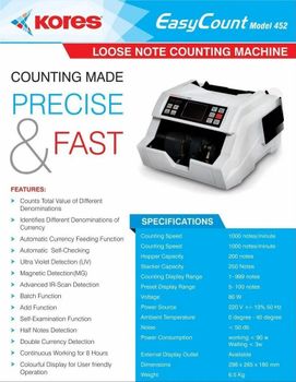 LED Loose Note Counting Machines, For Banks Brand Kores Display LED Model Name/Number 452 Usage/Application Banks Operating Duration 8 - Assured Solutions - India