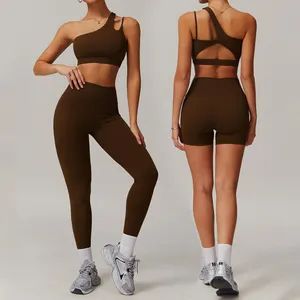 3 Piece Womens Workout Sets Single Shoulder Straps Sport Bra Matching Running Biker Shorts Gym Yoga Leggings with Pockets Activewear Outfits - Dongguan Ume Trade Co., Ltd. - China