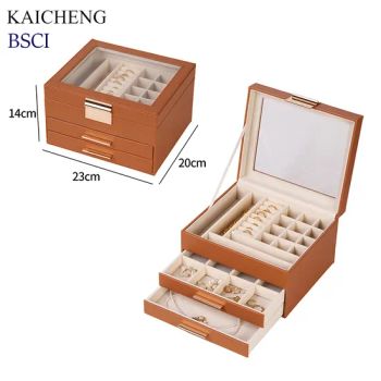 New Design Luxury Large 3-Layers White Brown PU Leather Velvet Jewelry Jewellery Drawer Boxes Organizer with Transparent Glass Cover - Shantou Kaicheng Craft Co., Ltd. - China